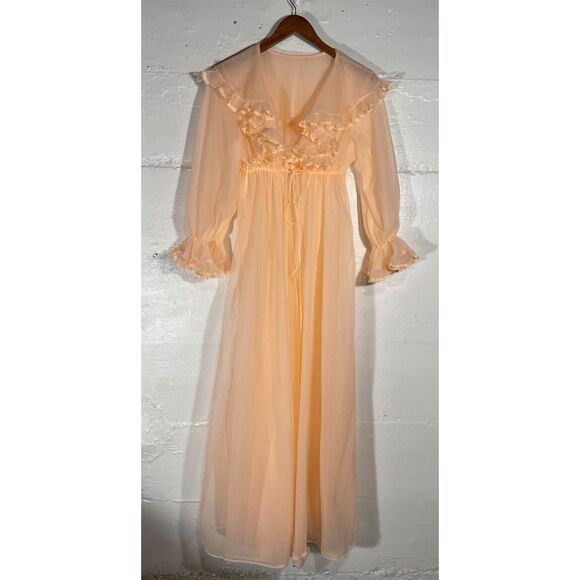 Vintage Pandora Lingerie Sheer Chiffon Nylon Robe Peach Ruffle Trim Size M - Picture 2 of 9